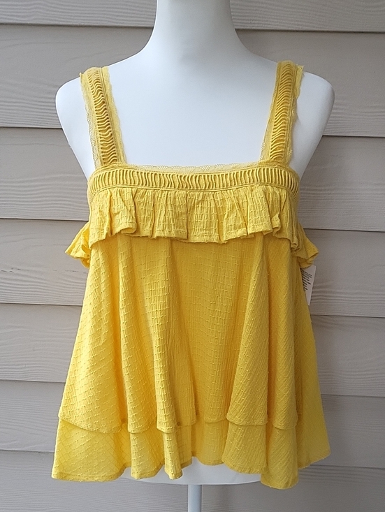 Rocks & Indigo Tops - Rocks & Indigo Yellow Off Shoulder Ruffle Tank Top Size Small NWT Textured